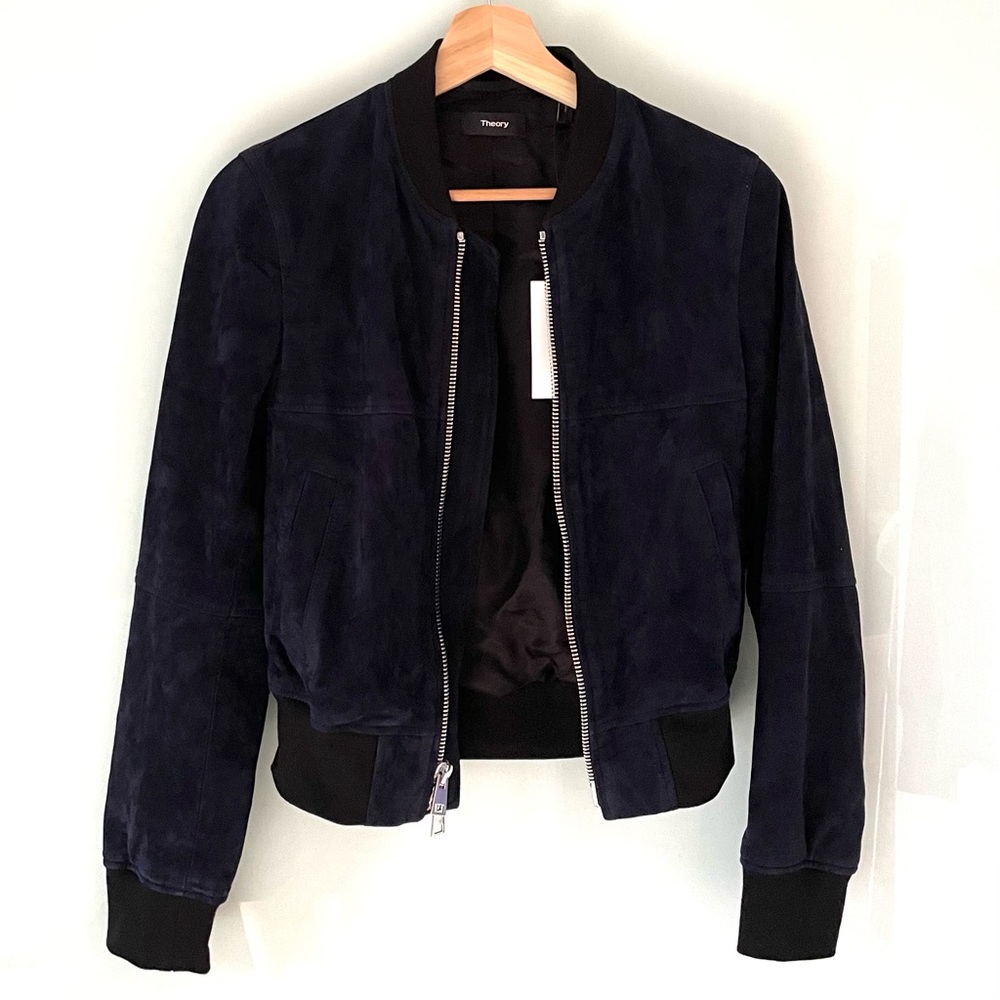 Theory Daryette S Benna Suede Lamb Leather Bomber Jacket Navy Blue Size SP - Picture 7 of 15